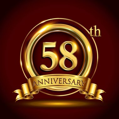 58 yıl yıldönümü kutlama logo. Altın yüzük ve şerit üzerinde koyu kırmızı arka plan, vektör tasarımı tebrik veya davetiye kartı ile logo.