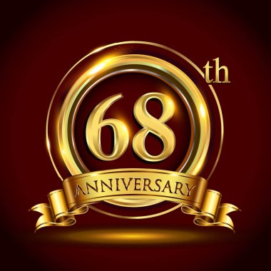 68 yıl yıldönümü kutlama logo. Altın yüzük ve şerit üzerinde koyu kırmızı arka plan, vektör tasarımı tebrik veya davetiye kartı ile logo.