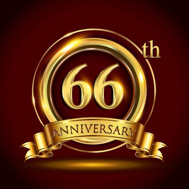 66 yıl yıldönümü kutlama logo. Altın yüzük ve şerit üzerinde koyu kırmızı arka plan, vektör tasarımı tebrik veya davetiye kartı ile logo.