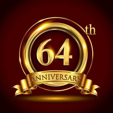 64 yıl yıldönümü kutlama logo. Altın yüzük ve şerit üzerinde koyu kırmızı arka plan, vektör tasarımı tebrik veya davetiye kartı ile logo.