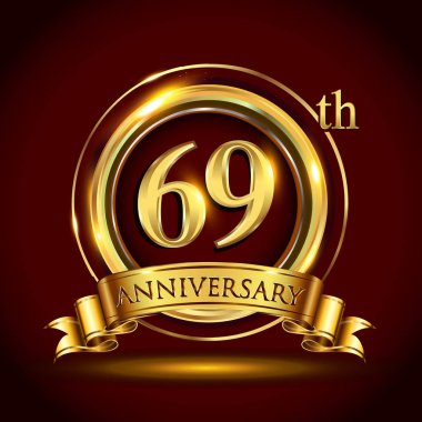 69 yıl yıldönümü kutlama logo. Altın yüzük ve şerit üzerinde koyu kırmızı arka plan, vektör tasarımı tebrik veya davetiye kartı ile logo.