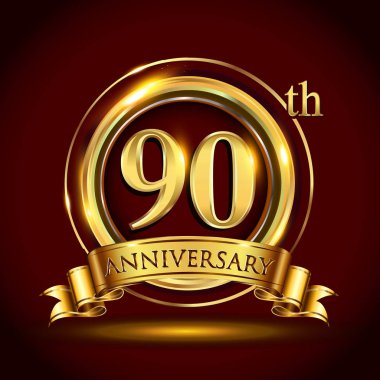 90 yıl yıldönümü kutlama logo. Altın yüzük ve şerit üzerinde koyu kırmızı arka plan, vektör tasarımı tebrik veya davetiye kartı ile logo.