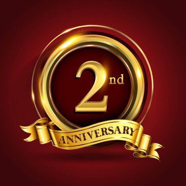 2 yıl yıldönümü kutlama logo. Altın yüzük ve şerit üzerinde koyu kırmızı arka plan, vektör tasarımı tebrik veya davetiye kartı ile logo.
