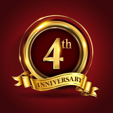 4 yıl yıldönümü kutlama logo. Altın yüzük ve şerit üzerinde koyu kırmızı arka plan, vektör tasarımı tebrik veya davetiye kartı ile logo.