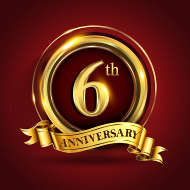 6 yıl yıldönümü kutlama logo. Altın yüzük ve şerit üzerinde koyu kırmızı arka plan, vektör tasarımı tebrik veya davetiye kartı ile logo.