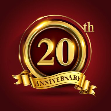 20 yıl yıldönümü kutlama logo. Altın yüzük ve şerit üzerinde koyu kırmızı arka plan, vektör tasarımı tebrik veya davetiye kartı ile logo.