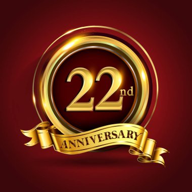 22 yıl yıldönümü kutlama logo. Altın yüzük ve şerit üzerinde koyu kırmızı arka plan, vektör tasarımı tebrik veya davetiye kartı ile logo.
