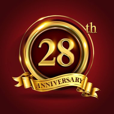 28 yıl yıldönümü kutlama logo. Altın yüzük ve şerit üzerinde koyu kırmızı arka plan, vektör tasarımı tebrik veya davetiye kartı ile logo.