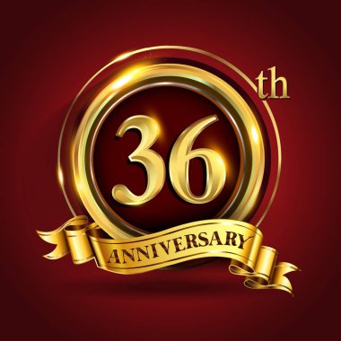 36 yıl yıldönümü kutlama logo. Altın yüzük ve şerit üzerinde koyu kırmızı arka plan, vektör tasarımı tebrik veya davetiye kartı ile logo.