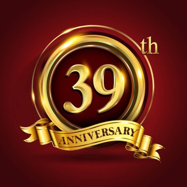 39 yıl yıldönümü kutlama logo. Altın yüzük ve şerit üzerinde koyu kırmızı arka plan, vektör tasarımı tebrik veya davetiye kartı ile logo.