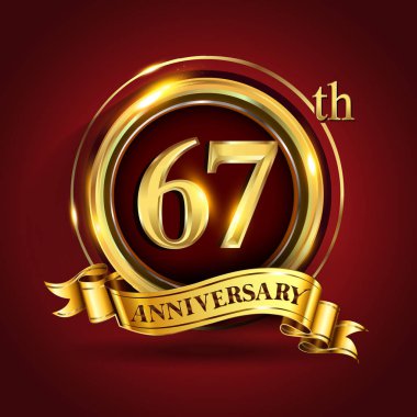 67 yıl yıldönümü kutlama logo. Altın yüzük ve şerit üzerinde koyu kırmızı arka plan, vektör tasarımı tebrik veya davetiye kartı ile logo.