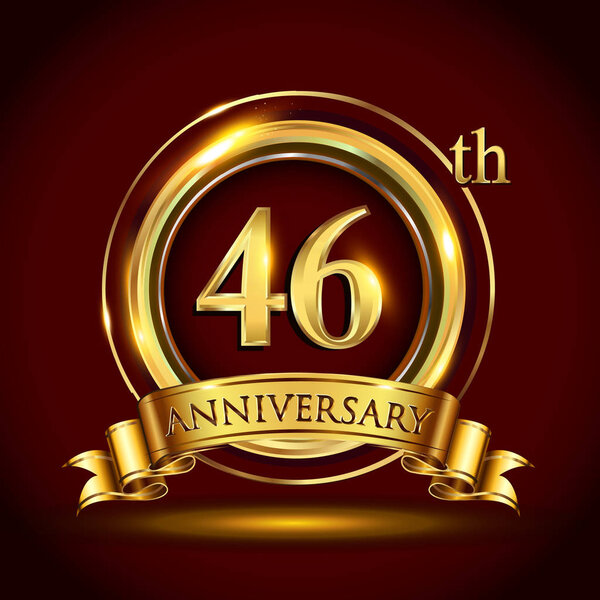 Логотип празднования 46-летия. Логотип с золотым кольцом и лентой на темно-красном фоне, векторный дизайн для поздравления или приглашения
.