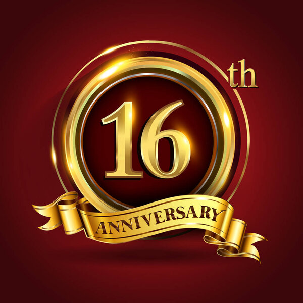 16  years anniversary celebration logotype. Logo with  golden ring and  ribbon on dark red background, vector design for greeting or invitation card.