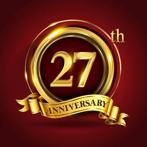 Yıl Yıldönümü Kutlama Logo Altın Yüzük Şerit Üzerinde Koyu Kırmızı — Stok Vektör