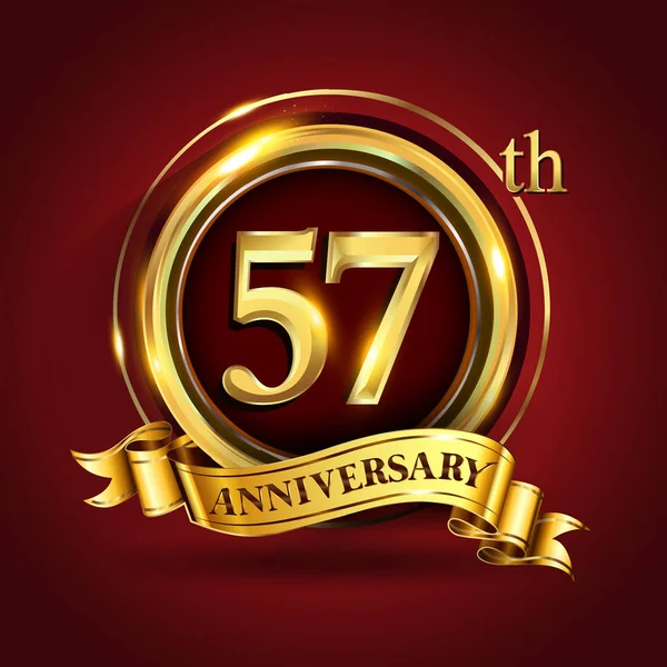 Years Anniversary Celebration Logotype Logo Golden Ring Ribbon Dark Red — Stock Vector