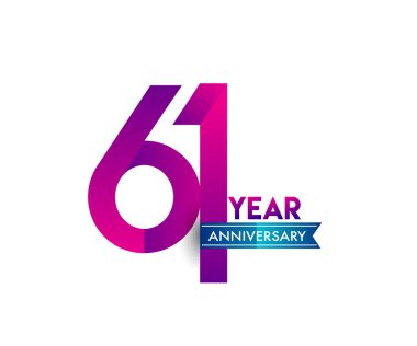 61 yıl yıldönümü kutlama mor mavi kurdele logolu. Doğum günü partisi için vektör tasarım şablonu 
