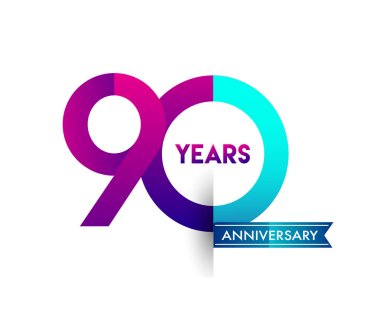 mavi kurdele ile 90 yıl yıldönümü kutlama mor logo. Doğum günü partisi için vektör tasarım şablonu 