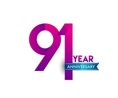 mavi kurdele ile 91 yıl yıldönümü kutlama mor logo. Doğum günü partisi için vektör tasarım şablonu 