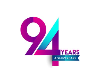 94 yıl yıldönümü kutlama mor mavi kurdele logolu. Doğum günü partisi için vektör tasarım şablonu 