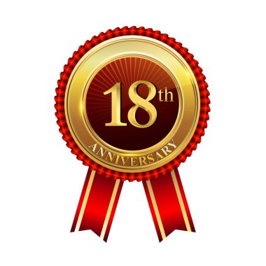 18 yıl yıldönümü kutlama logo. Konfeti, altın yüzük ve vektör tasarımı tebrik veya davetiye kartı için koyu kırmızı arka plan üzerinde kırmızı kurdele ile logo.