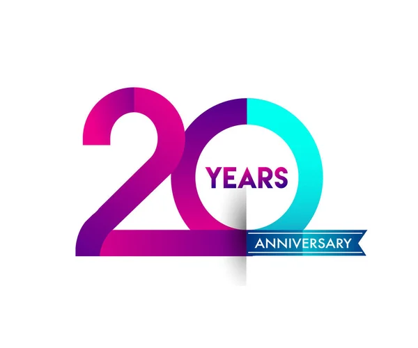 20年纪念庆祝紫色标志与蓝色丝带 生日派对矢量设计模板 — 图库矢量图片