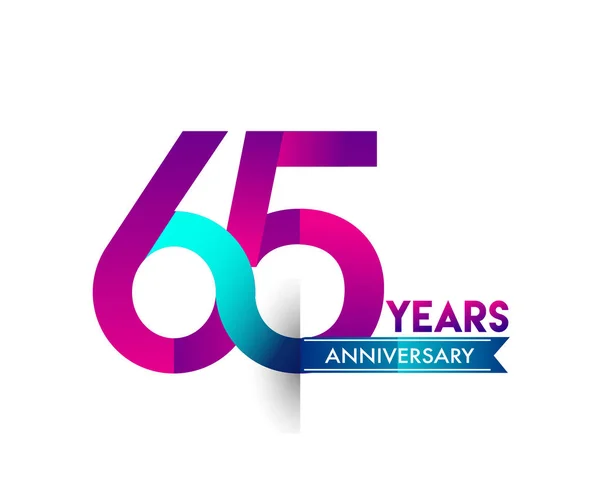 65年纪念庆祝紫色标志与蓝色丝带 生日派对矢量设计模板 — 图库矢量图片