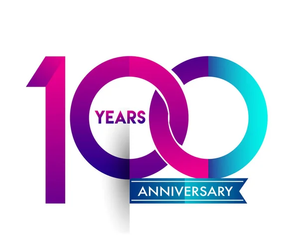 100 Jaar Verjaardag Viering Paarse Logo Met Blauw Lint Vector — Stockvector
