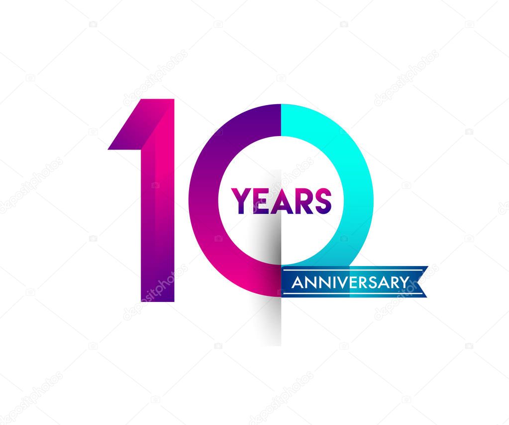 10 years anniversary celebration purple  logo with blue ribbon. Vector design template for birthday party