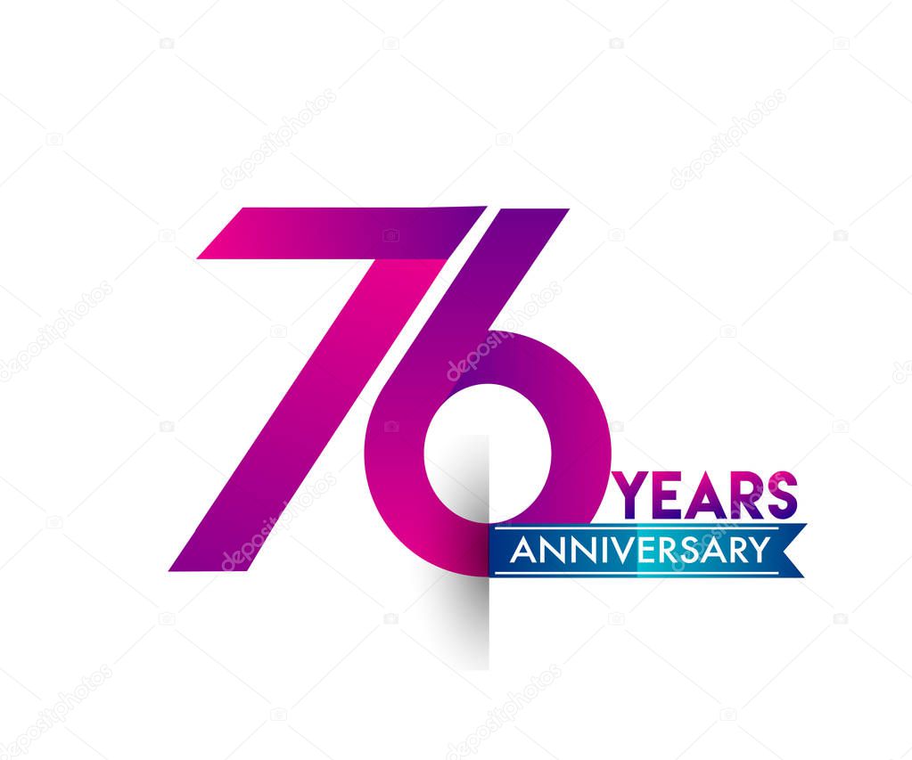 76 years anniversary celebration purple  logo with blue ribbon. Vector design template for birthday party