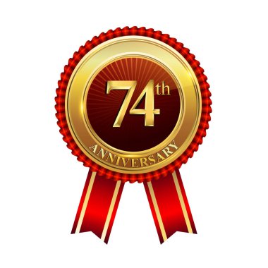 74 yıl yıldönümü kutlama logo. Konfeti, altın yüzük ve vektör tasarımı tebrik veya davetiye kartı için koyu kırmızı arka plan üzerinde kırmızı kurdele ile logo.