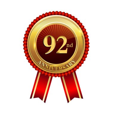 92 yıl yıldönümü kutlama logo. Konfeti, altın yüzük ve vektör tasarımı tebrik veya davetiye kartı için koyu kırmızı arka plan üzerinde kırmızı kurdele ile logo.