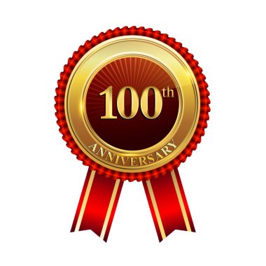 100 yıl yıldönümü kutlama logo. Konfeti, altın yüzük ve vektör tasarımı tebrik veya davetiye kartı için koyu kırmızı arka plan üzerinde kırmızı kurdele ile logo.