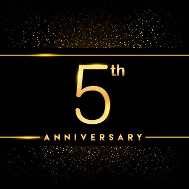 5 yıl yıldönümü kutlama logo. Altın logosuna siyah arka plan, vektör tasarımı tebrik veya davetiye kartı.