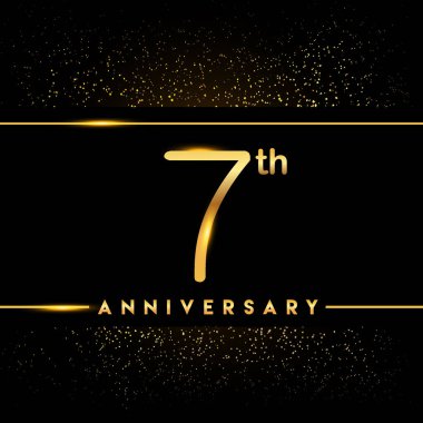 7 yıl yıldönümü kutlama logo. Altın logosuna siyah arka plan, vektör tasarımı tebrik veya davetiye kartı.