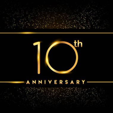 10 yıl yıldönümü kutlama logo. Altın logosuna siyah arka plan, vektör tasarımı tebrik veya davetiye kartı.