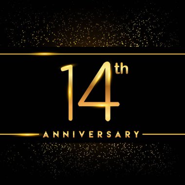 14 yıl yıldönümü kutlama logo. Altın logosuna siyah arka plan, vektör tasarımı tebrik veya davetiye kartı.