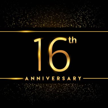 16 yıl yıldönümü kutlama logo. Altın logosuna siyah arka plan, vektör tasarımı tebrik veya davetiye kartı.