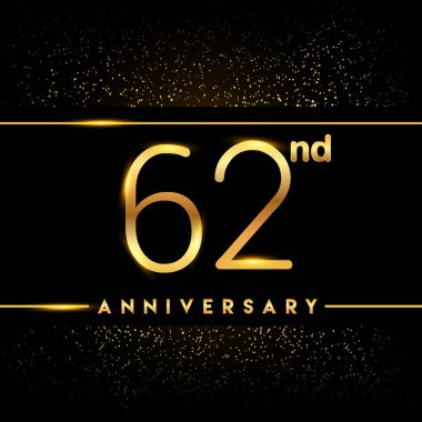62 yıl yıldönümü kutlama logo. Altın logosuna siyah arka plan, vektör tasarımı tebrik veya davetiye kartı.