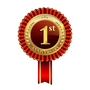 1 st yıl yıldönümü kutlama logo. Konfeti, altın yüzük ve vektör tasarımı tebrik veya davetiye kartı için koyu kırmızı arka plan üzerinde kırmızı kurdele ile logo.