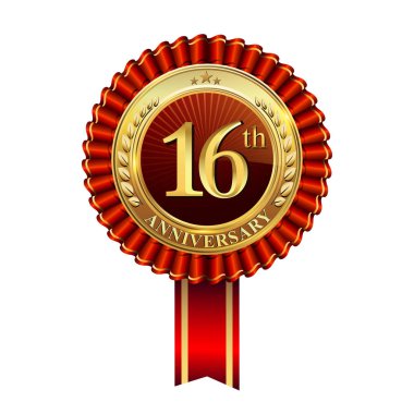 16 th yıl yıldönümü kutlama logo. Konfeti, altın yüzük ve vektör tasarımı tebrik veya davetiye kartı için koyu kırmızı arka plan üzerinde kırmızı kurdele ile logo.
