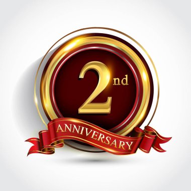 2 yıl yıldönümü kutlama logo. Konfeti, altın yüzük ve vektör tasarımı tebrik veya davetiye kartı için koyu kırmızı arka plan üzerinde kırmızı kurdele ile logo.