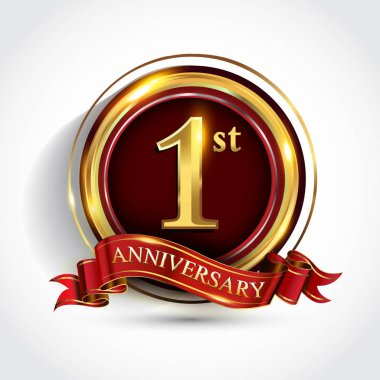 1 st yıl yıldönümü kutlama logo. Konfeti, altın yüzük ve vektör tasarımı tebrik veya davetiye kartı için koyu kırmızı arka plan üzerinde kırmızı kurdele ile logo.