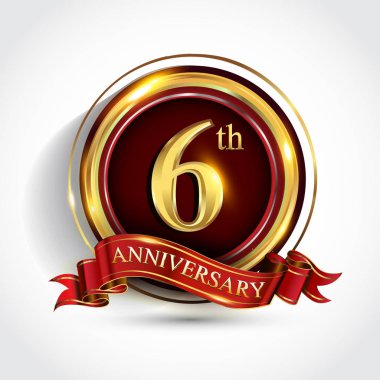 6 inci yıl yıldönümü kutlama logo. Konfeti, altın yüzük ve vektör tasarımı tebrik veya davetiye kartı için koyu kırmızı arka plan üzerinde kırmızı kurdele ile logo.