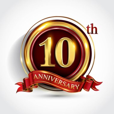 10 inci yıl yıldönümü kutlama logo. Konfeti, altın yüzük ve vektör tasarımı tebrik veya davetiye kartı için koyu kırmızı arka plan üzerinde kırmızı kurdele ile logo.