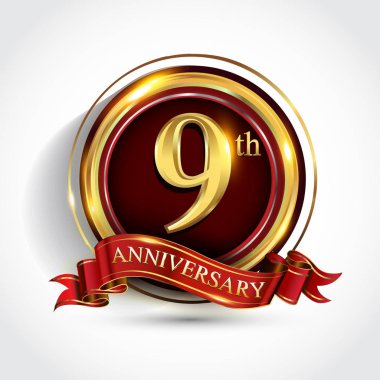 9 th yıl yıldönümü kutlama logo. Konfeti, altın yüzük ve vektör tasarımı tebrik veya davetiye kartı için koyu kırmızı arka plan üzerinde kırmızı kurdele ile logo.