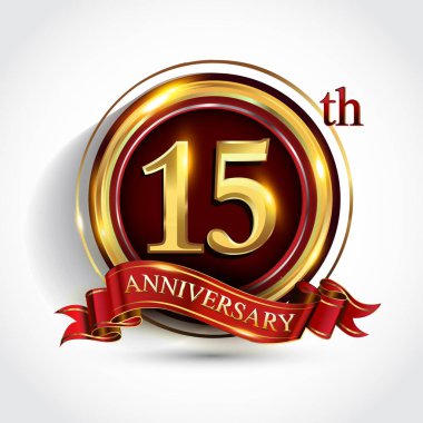 15 inci yıl yıldönümü kutlama logo. Konfeti, altın yüzük ve vektör tasarımı tebrik veya davetiye kartı için koyu kırmızı arka plan üzerinde kırmızı kurdele ile logo.