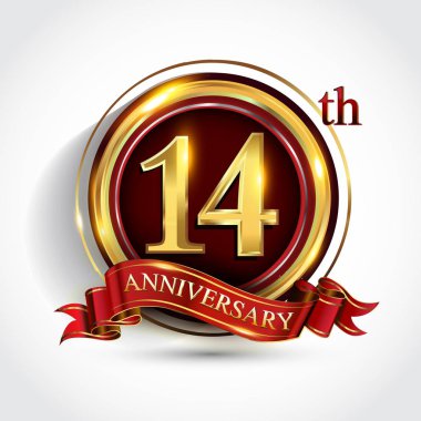 14 inci yıl yıldönümü kutlama logo. Konfeti, altın yüzük ve vektör tasarımı tebrik veya davetiye kartı için koyu kırmızı arka plan üzerinde kırmızı kurdele ile logo.