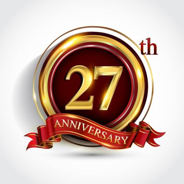 27 inci yıl yıldönümü kutlama logo. Konfeti, altın yüzük ve vektör tasarımı tebrik veya davetiye kartı için koyu kırmızı arka plan üzerinde kırmızı kurdele ile logo.