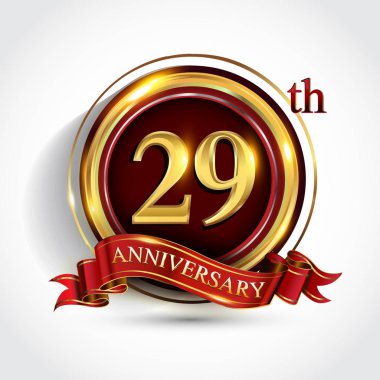 29 inci yıl yıldönümü kutlama logo. Konfeti, altın yüzük ve vektör tasarımı tebrik veya davetiye kartı için koyu kırmızı arka plan üzerinde kırmızı kurdele ile logo.