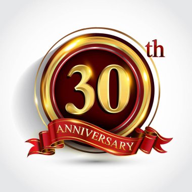 30 inci yıl yıldönümü kutlama logo. Konfeti, altın yüzük ve vektör tasarımı tebrik veya davetiye kartı için koyu kırmızı arka plan üzerinde kırmızı kurdele ile logo.
